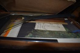 A vintage artist/designers box, with contents including art materials, stencils etc