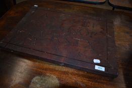 A carved panel, with interesting carved lettering, approx. 51 x 35cm