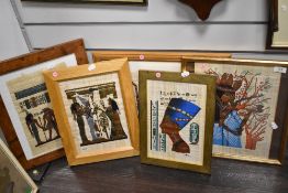 Five Eygyptian scenes painted on Papyrus, with extensive gilt detailing, some signed, indistinctly.