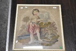 A Victorian needle work depicting young shepherdess, framed and glazed sold with large machined