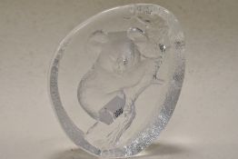 A Mats Jonasson lead crystal paper weight, having Koala bear and tree design.