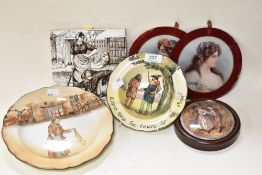 Two items of Royal Doulton series ware, including Robin Hood bowl, A Minton tile with scene of two
