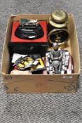 A box of mixed collectables, AA membership badge, lamp, ash tray and more.