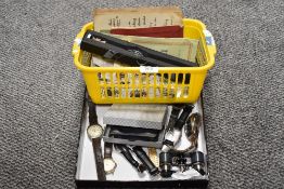 A mixed lot of vintage cigarette cards, cookery book, ephemera, gents watches and similar.