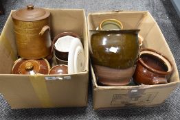 Two boxes of vintage and antique earthen ware and ceramics, comprising storage jars, plant pots