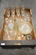 A box of mixed vintage and modern glass, including wine and spirit glasses.