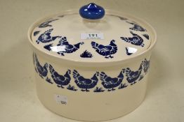 A cream tureen having blue transfer pattern of hens, marked to underside, Bridgwater England.