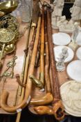 A selection of walking canes, a vintage cane handled umbrella, and a stick with a horses head
