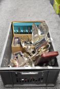 A box of mixed flat ware, coffee pot, cutlery, Bon Bon dish and more amongst this lot.