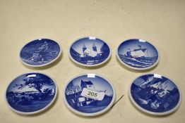 Six miniature Royal Copenhagen plates, having scenes of boast, buildings and statues etc.