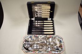 A box of bone handled fish knives and forks, an assortment of cutlery and a Royal Cauldon