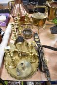 A collection of vintage brass ware, to include tray, candlesticks, kettle, trivet etc.