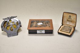 A vintage AA membership badge, No 0B18974, a Ronson Varaflame lighter in box and a mixed lot of