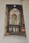 E S , (2oth century), an etching, Ely cathedral, indistinctly signed, 43 x 23cm, mounted framed