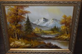 W Ward, (contemporary), an oil painting, mountain and forest landscape, signed, 40 x 50cm, framed,