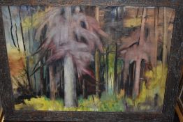 (20th century), an oil painting on board, stylised woodland, unsigned, 60 x 83cm, rustic framed,