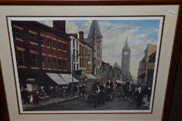 Tom Dodson, (contemporary), after, a print, Fishergate Preston, signed, 42 x 52cm, mounted framed