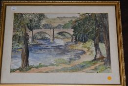 Sandham, (20th century), a watercolour, river bridge, signed, 27 x 42cm, mounted framed and
