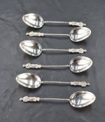 A set of six late Victorian silver Apostle spoons, having pointed poval bowls, twisted stems and