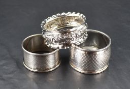 A group of three miscellaneous silver napkin rings, various dates, age and makers, 39grams gross.