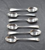 A matched set of six 18th century silver teaspoons, Old English pattern with Hanovarian reverse