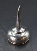 A silver plated wine funnel/strainer , of traditional design with pierced grille, slight denting