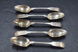A group of five George IV Irish silver teaspoons, fiddle pattern with engraved initials WAA and tree