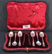 A cased set of six late Victorian silver teaspoons and sugar tongs, each having bright-cut
