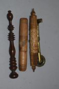 An antique pastry jigger having semi circular crimping edge handle, with similar sized treen wares.
