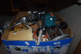 A selection of DIY and builders tools including a Black and Decker Router, spray gun and socket