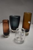 Four pieces of modern art glass including an Orrefors Sven Palmqvist clear cut vase with girl