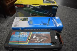 A master mechanic socket set, a silverline drill stand and a Bosch belt sander