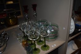 A set of eight green stem wine glasses with a Harlequin shot glass set and four Portmeirion bowls