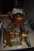 A small selection of hardware including brass letter box, door knocker and a copper stove kettle.