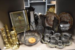 Six early 20th century pewter tankards with a goblet and coffee pot, two Chinoiserie plates and