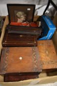 Five boxes, some inlaid, in aged condition and a vintage Ronson hairdryer and Pifco massager etc.