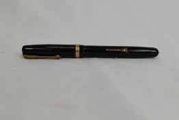 A Waterman W2 leverfill fountain pen in black with single broad decorated band to the cap having