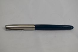 A Parker 51 aeromatic fill fountain pen in teal with lustiloy cap. Approx 13.8cm in very good