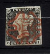 GB 1840, 1D BLACK 4 MARGINS, CORNER LETTERS OI, WITH RED MALTESE X HANDSTAMP 1d Black with 2