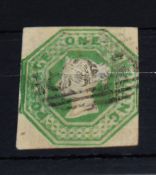 GB 1847 1 SHILLING GREEN EMBOSSED, CUT SQUARE, USED 1 Shilling green cut square, with two margins