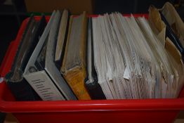 WORLD STAMP COLLECTIONS IN 9 ALBUMS + LEAVES IN LARGE BOX Large box of stamps with 9 mixed world/one