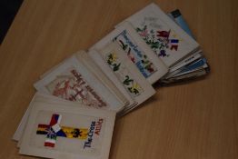 COLLECTION OF VINTAGE POSTCARDS INCLUDING APX 40 SILKS WWI ERA Collection of PPC's much unused,