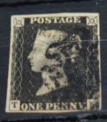 GB 1840, 1D BLACK, 4 MARGINS, LETTERS TK WITH BLACK MALTESE X CANCEL Four margin penny black, with