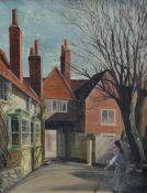 A 20th century oil on canvas laid down on board, local street/yard scene with figure, unsigned,