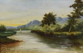 M C, (20th century), an oil painting, river scene, initialled and dated 1914, 15 x 21cm, fancy