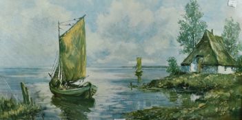 Tauber, (20th century), after, a print, Low Country landscape, 40 x 78cm, mounted framed and glazed,