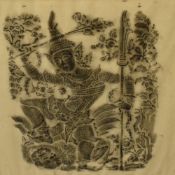 A group of three 20th century Thai rubbings, scenes from the Ramayana, mounted framed and glazed
