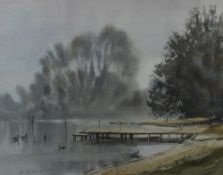 Stanley Lambert (contemporary) watercolours, jetty and ducks, signed lower left, within a washline