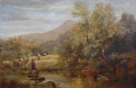 James Peel RBA (British 1811-1906) oil on canvas, rural agricultural scene, with one figure crossing