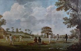 (20th century), a re-print, cricket match, 46 x 73cm, framed, 56 x 83cm some cracking to right
